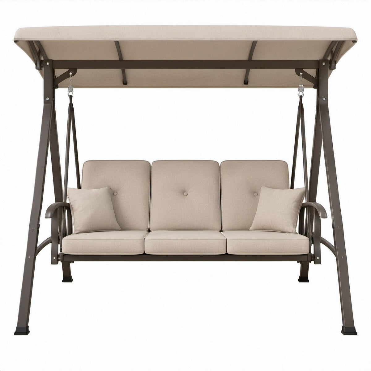 3-Sitzer-Gartenschaukel Beige/Braun mit Stahlgestell und Polyester-Sonnendach, 200 x 120 x 170 cm