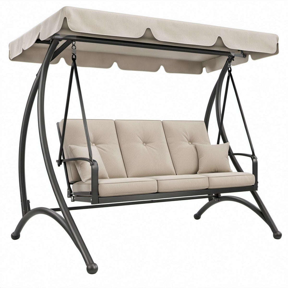 3-Sitzer Gartenschaukel mit Sonnendach, Beige/Schwarz, Stahl und Polyester, 200 x 120 x 170 cm