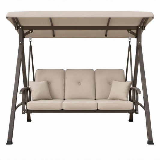 3-Sitzer-Gartenschaukel Beige/Braun mit Stahlgestell und Polyester-Sonnendach, 200 x 120 x 170 cm