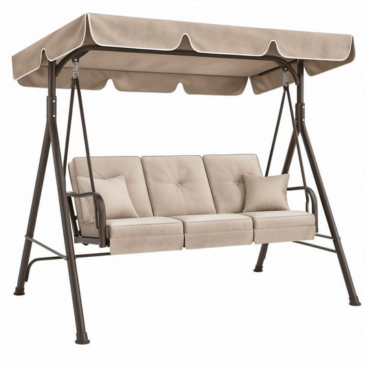 3-Sitzer Hollywoodschaukel mit Sonnendach, Beige/Dunkelbraun, 200 x 120 x 170 cm
