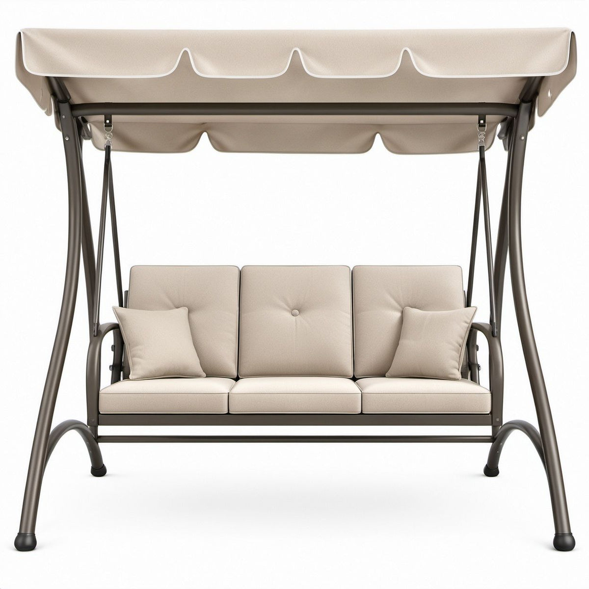 3-Sitzer-Gartenschaukel aus Stahl und Polyester, Beige/Dunkelbraun, 200 x 120 x 170 cm