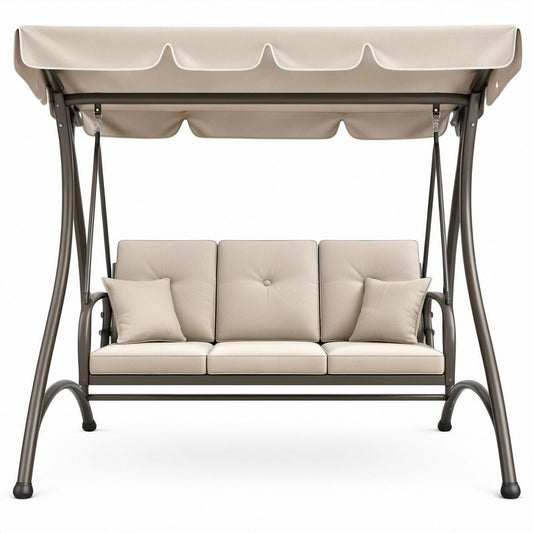 3-Sitzer-Gartenschaukel aus Stahl und Polyester, Beige/Dunkelbraun, 200 x 120 x 170 cm