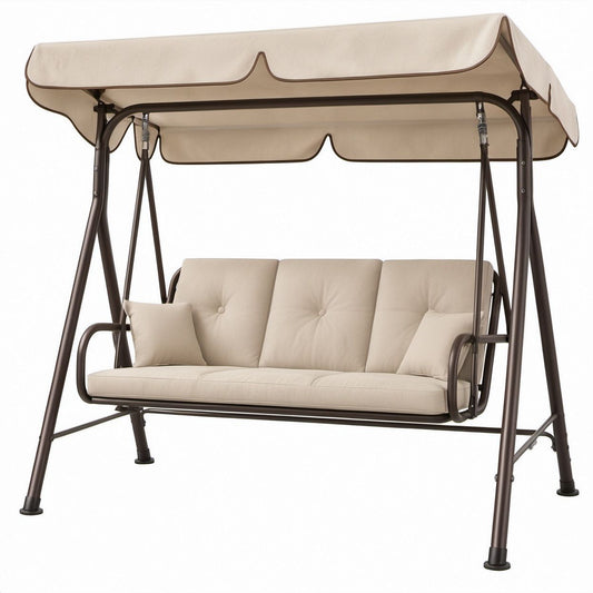 3-Sitzer Gartenschaukel mit neigungsverstellbarem Sonnendach, Beige/Braun, 200 x 120 x 170 cm
