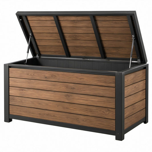 Garten-Aufbewahrungsbox aus WPC und pulverbeschichtetem Stahl, Braun/Schwarz, 120 x 60 x 63 cm