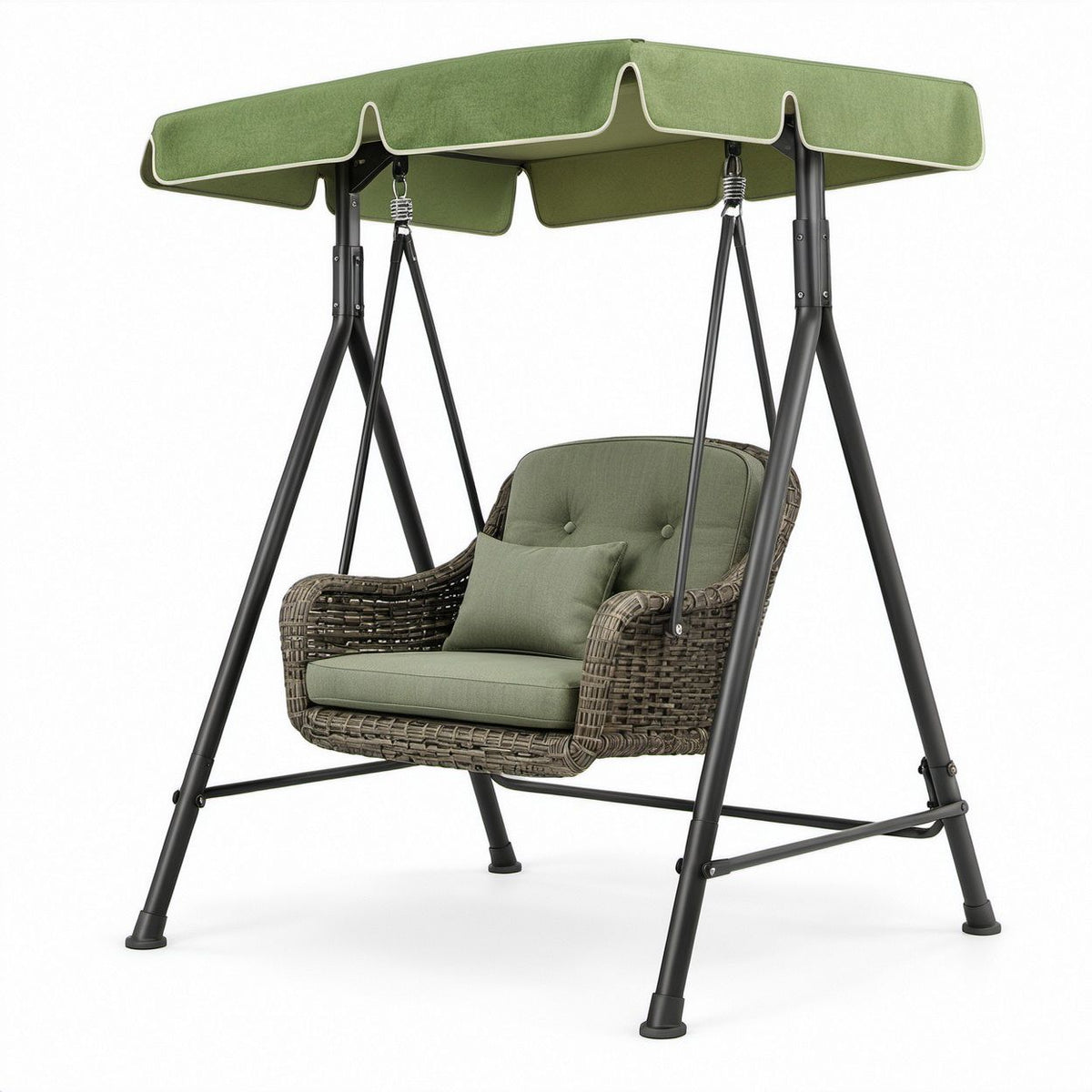 1-Sitzer Gartenschaukel mit Sonnendach, Olivgrün/Braun/Schwarz, 170 x 125 x 170 cm