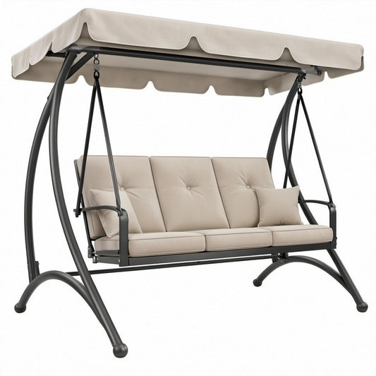 3-Sitzer Gartenschaukel mit Sonnendach, Beige/Schwarz, Stahl und Polyester, 200 x 120 x 170 cm