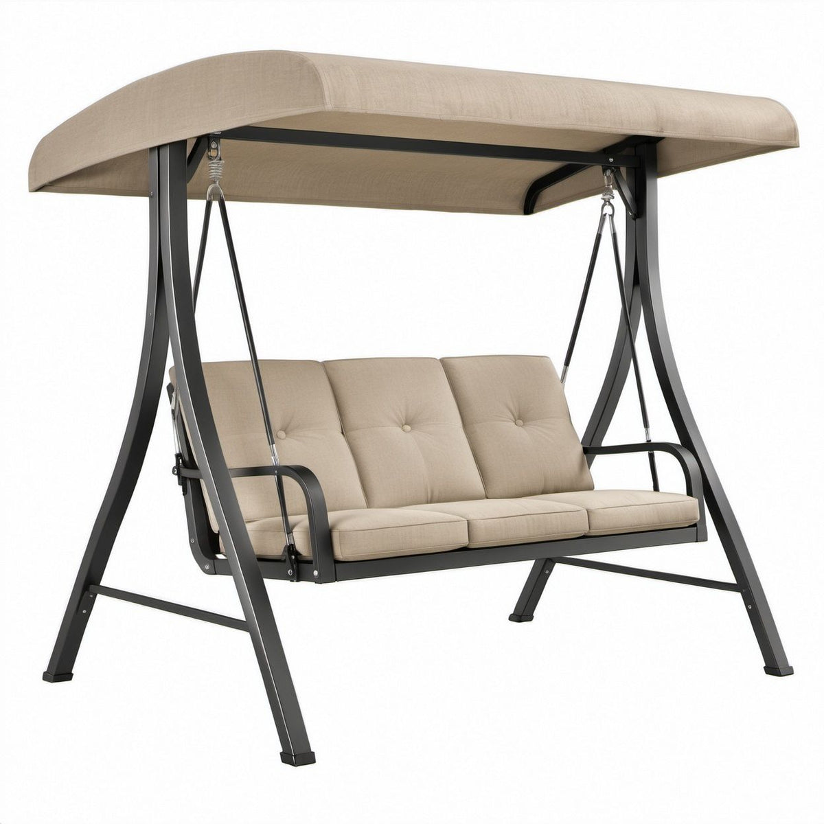 3-Sitzer Gartenschaukel mit Sonnendach, Beige/Schwarz, Stahl und Polyester, 200 x 120 x 170 cm