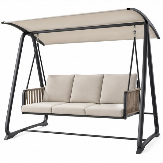 3-Sitzer Gartenschaukel mit Sonnendach, Beige/Schwarz/Taupe, 210 x 130 x 190 cm