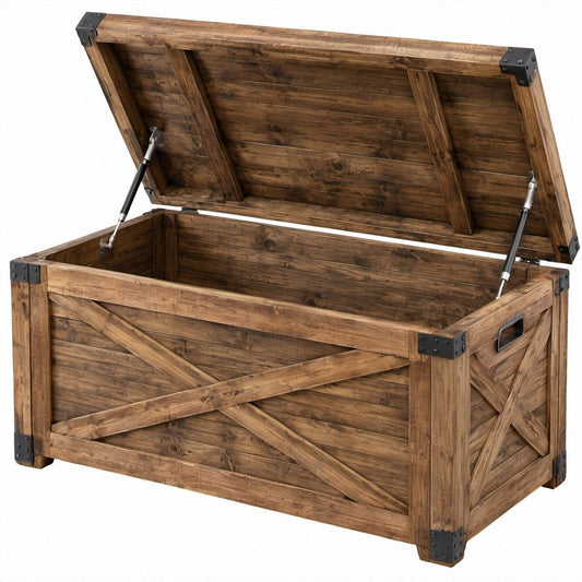 Rechteckige Massivholztruhe in Braun mit Klappdeckel, 100 x 40 x 50 cm