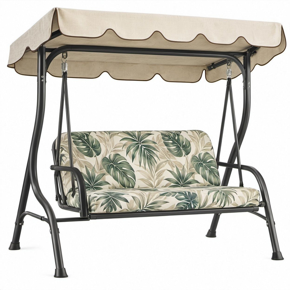 3-Sitzer Gartenschaukel aus pulverbeschichtetem Stahl mit verstellbarem Polyester-Sonnendach, 170 x 110 x 153 cm, Beige/Grün/Schwarz/Weiß