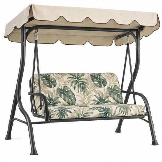 3-Sitzer Gartenschaukel aus pulverbeschichtetem Stahl mit verstellbarem Polyester-Sonnendach, 170 x 110 x 153 cm, Beige/Grün/Schwarz/Weiß