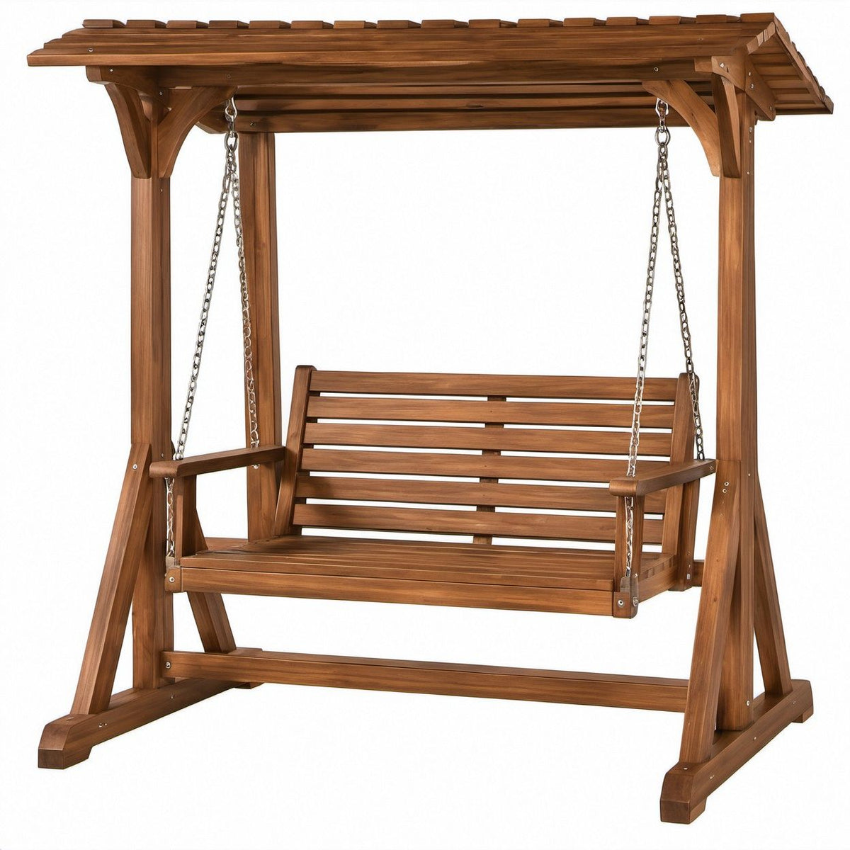 2-Sitzer Gartenschaukel aus Akazienholz mit Lamellendach, Braun, 170 x 125 x 200 cm