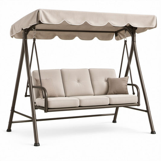 3-Sitzer Gartenschaukel mit verstellbarem Sonnendach, Beige/Dunkelbraun, 200 x 120 x 170 cm