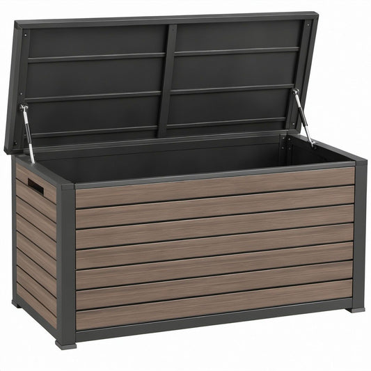 Auflagenbox aus pulverbeschichtetem Stahl und WPC, Schwarz/Braun, 120 x 60 x 63 cm