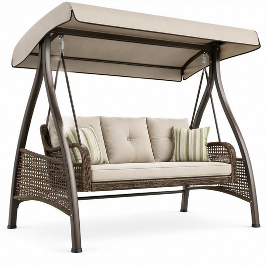 3-Sitzer Gartenschaukel mit Sonnendach aus Stahl und PE-Rattan, Dunkelbraun/Beige/Grün, 220 x 130 x 190 cm