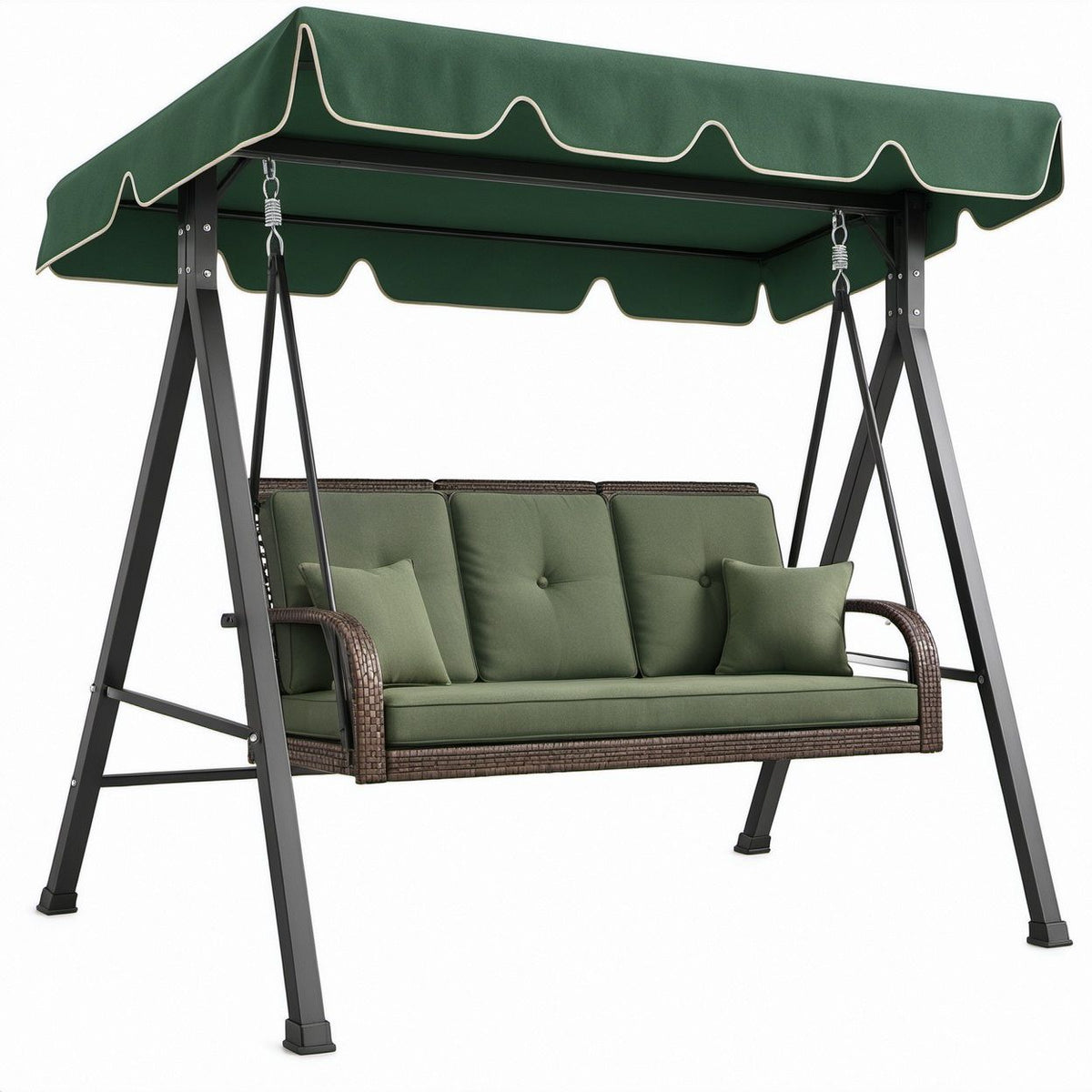 3-Sitzer Gartenschaukel mit Sonnendach, 200 x 120 x 170 cm, Grün/Braun/Schwarz