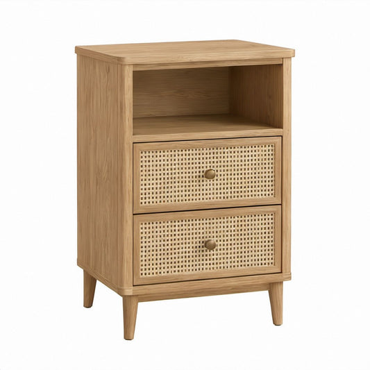 Rechteckiger Nachttisch aus Eichenfurnier mit Rattangeflecht, 45 x 35 x 65 cm, 2 Schubladen, Natureiche/Naturbeige